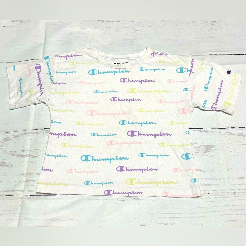 Champion girls M white with multi-color all over logo print short sleeve tshirt
